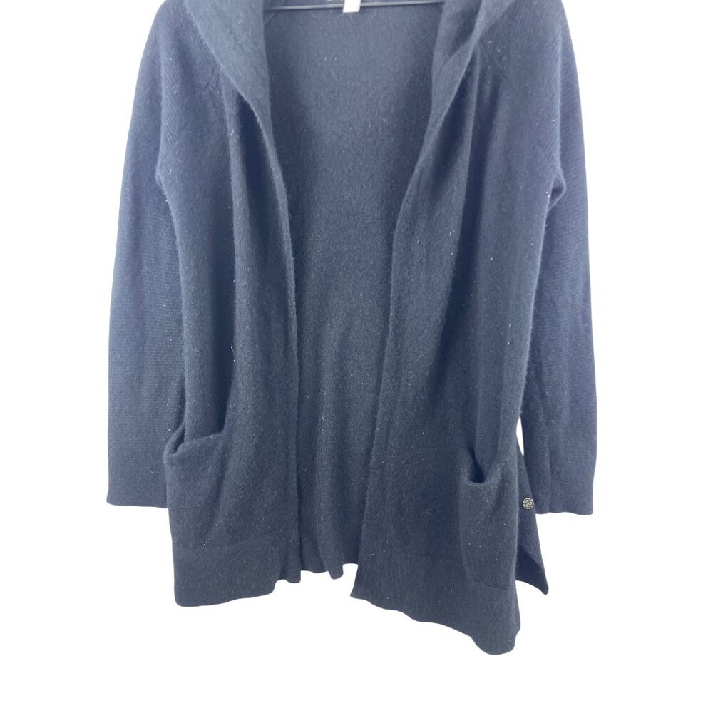 Zella Women's Small Cashmere Wool Hooded Open Front Cardigan Sweater Black - Picture 3 of 9